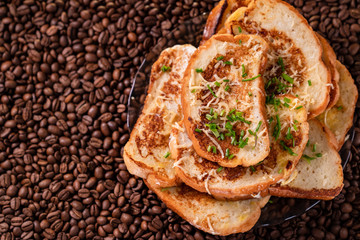 copy space. croutons background coffee beans. 