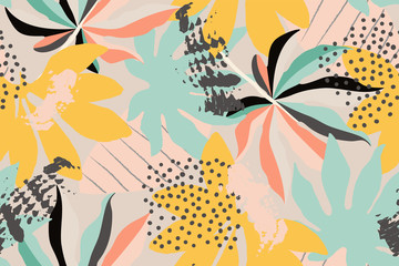 Fototapeta na wymiar Bright, multi-color seamless pattern with elements of tropical leaves. Modern abstract collage.