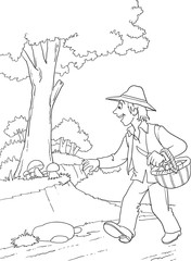 Fototapeta na wymiar man collecting mushrooms, walking with basket 