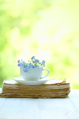 Cup and blue flowers, old book on wooden white table. spring, summer season. romantic scene. 