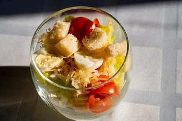 a salad in glass of top view. buffet for holiday.