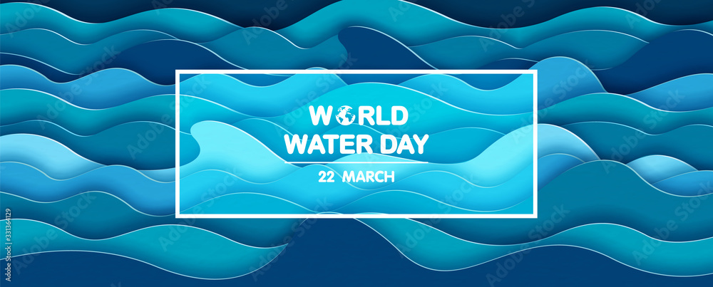 Wall mural world water day wording and the day of event on white frame and sea wave pattern in paper cut style 