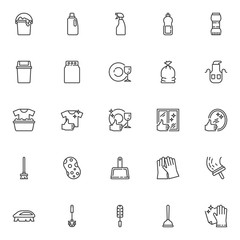 Cleaning service line icons set. linear style symbols collection, outline signs pack. Maid service vector graphics. Set includes icons as cleaning mop and dustpan, brush, rug, detergent powder, gloves