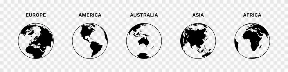 Rolgordijnen Set Globe Illustratie Vector van 5 Continenten: Europa Amerika Australië Azië Afrika. Wereldkaart vector illustratie zwarte silhouet bundel © octopusaga