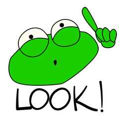 Look! A gesture of attention-grabbing. A frog looks up and points a direction with a finger. Vector character for stickers, logo, print. Stock green toad in cartoon style.