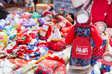 Fototapeta na wymiar Russian national dolls made of fabric.