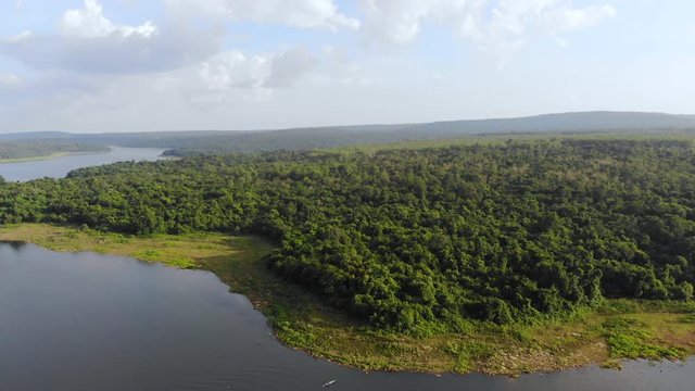 4K Drone shot aerial view scenic landscape of river at countryside nature mountain and forest