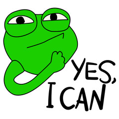 Yes, I can. Motivational picture with a green animal. Toad that shows biceps. Purposeful cartoon frog on a white background. Bright illustration for children's books, cards, design and stickers.