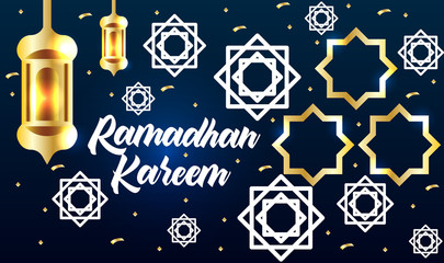 Happy Ramadan Kareem  banner, greeting card design with islamic lanterns, stars and moon on gold. Vector illustration