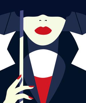 Image of woman with red lips holding an umbrella