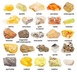 set of various unpolished yellow stones with names