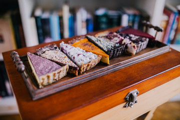 Delicious vegan cake slices. Eat healthy concept. Non dairy and gluten free products. 