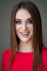 close-up portrait beautiful girl long hair in red 