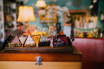 Delicious vegan cake slices. Eat healthy concept. Non dairy and gluten free products. 