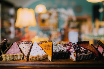 Delicious vegan cake slices. Eat healthy concept. Non dairy and gluten free products. 