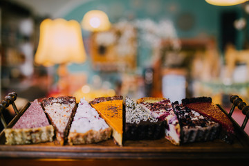 Delicious vegan cake slices. Eat healthy concept. Non dairy and gluten free products. 