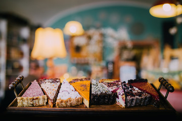 Delicious vegan cake slices. Eat healthy concept. Non dairy and gluten free products. 
