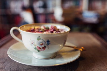 Hot chocolate served with flower decoration. New barista style. 