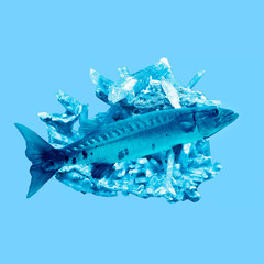 Contemporary art collage. Fish and ice crystals blue background