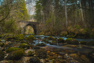 Stone bridge at the river spring of Kamniska Bistrica in Slovenia in dry winter time. Cold enchanted bridge with flowing water underneath in the middle of the forest.