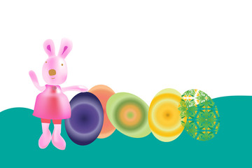 Bunny with cute Easter eggs on a green and white background.