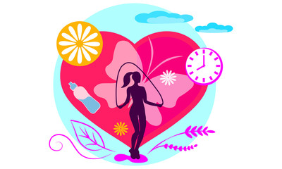 Healthy lifestyle, silhouette of a girl with a skipping rope on the background of the heart, vector illustration.