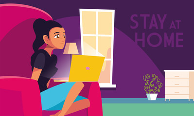 stay at home awareness social media campaign and coronavirus prevention: woman connecting with her laptop