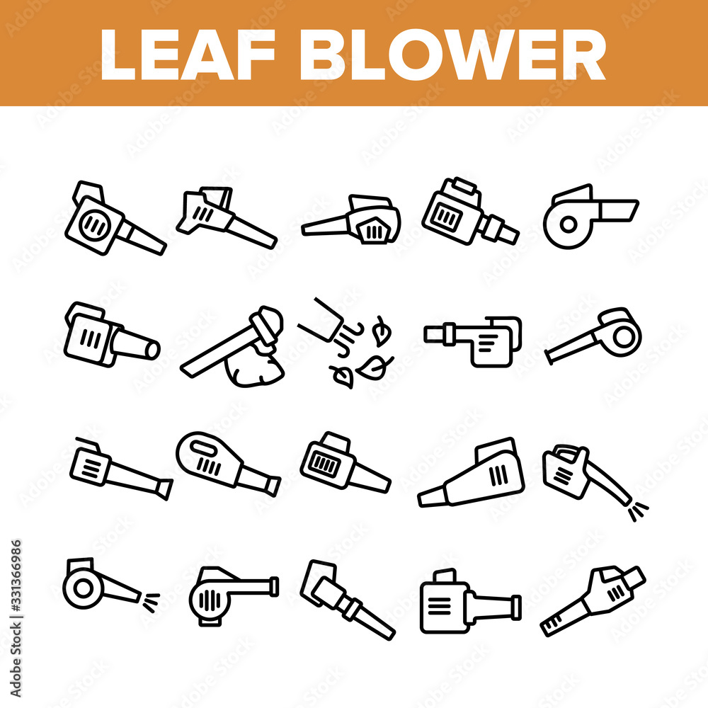 Wall mural Leaf Blower Equipment Collection Icons Set Vector. Leaf Blower Electronic Device, Cleaning Blowing Tool Machine, Gardening Appliance Concept Linear Pictograms. Monochrome Contour Illustrations