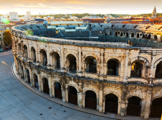 Roman amphitheatre and cityscape of Nimes