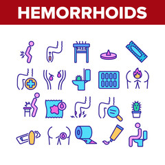 Hemorrhoids Disease Collection Icons Set Vector. Hemorrhoids Ache And Pain, Inflammation And Treatment Pills, Paper Roll And Cream Concept Linear Pictograms. Color Contour Illustrations