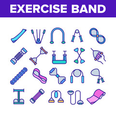 Fototapeta na wymiar Exercise Band Tools Collection Icons Set Vector. Resistance And Stretchable Belt, Athletic Expander Exercise Band Sport Equipment Concept Linear Pictograms. Color Contour Illustrations