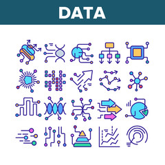 Data Analysis Analytic Collection Icons Set Vector. Data Statistics And Infographic, Computer Digital Processor Microchip Contact Concept Linear Pictograms. Color Contour Illustrations