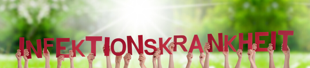 People Hands Holding Red German Word Infektionskrankheit Means Infection Sickness. Sunny Green Grass Meadow As Background