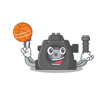 A sporty underwater camera cartoon mascot design playing basketball