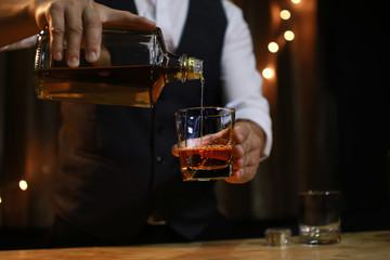Bartender Serve Whiskey, on wood bar,
