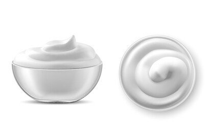 Bowl with sauce, cream, mayonnaise or yogurt. Glass cup with fresh dairy product, creamy cheese, sour or sweet mousse with swirl isolated on white background, realistic 3d vector illustration