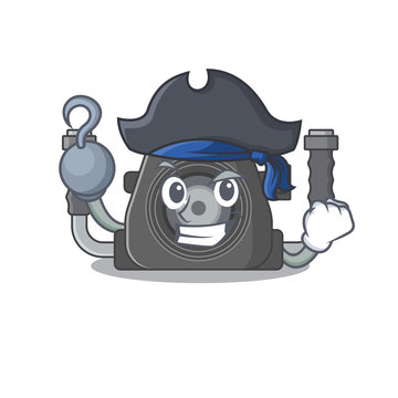 Cool underwater camera in one hand Pirate cartoon design style with hat
