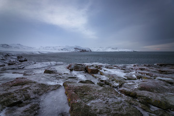Fototapeta na wymiar Rocky coast of the Kola Peninsula, Barents sea, Arctic ocean