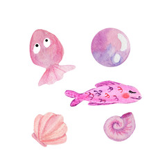 Set of pink marine life in watercolor. Seashells, fish, jellyfish, bubbles, children's illustration on a white background.