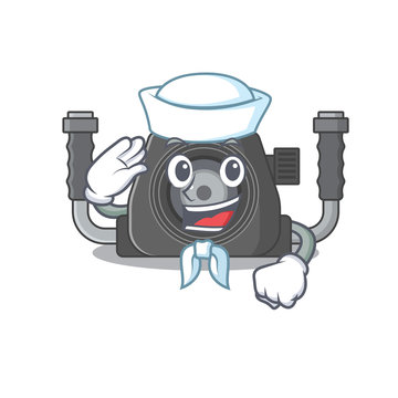 Cute underwater camera Sailor cartoon character wearing white hat