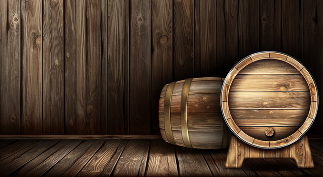 Wood barrels for wine or beer. Cask from oak wood on stand in cellar of brewery or winery. Vector realistic interior of wooden room with keg for whiskey, rum or cognac