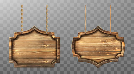 Wooden boards hang on ropes vector set. Realistic signboards with wood texture, banners or labels for bar or saloon in rustic style. Blank vintage plank panels for menu or pub entrance 3d illustration
