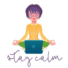 Calm woman relaxing meditating with laptop, no stress free relief remote work concept, Vector illustration in a flat style.