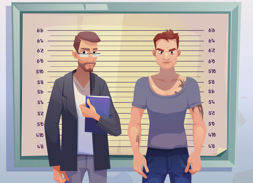 Criminal and lawyer or investigator stand on measuring scale background in police station. Arrested man gangster with tattooed body posing for identification mugshot photo. Cartoon vector illustration