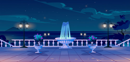 Summer seafront at night time, empty quay with ocean view, fountain, decorative trees, street lamps and vintage fence. Sea nighttime landscape with promenade on resort, Cartoon vector illustration © klyaksun