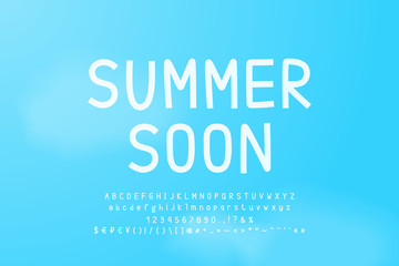 Summer soon handwritten thin slim font white color on blue sky background. Big alphabet set: uppercase and lowercase letters, numbers, punctuation marks, signs, currency symbols