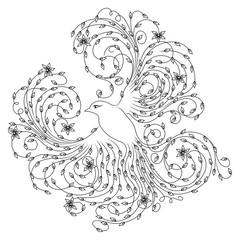 Fototapeta premium Black outline of adorable floral bird