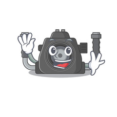 Smiley underwater camera cartoon mascot design with waving hand