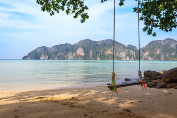 Swing Hanging from the Tree at Tropical Beach, Phi Phi Islands, Krabi Province, Thailand