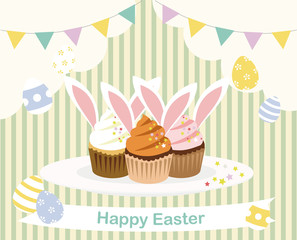 ハッピーイースター　ウサギ&カップケーキ&リボン イメージ